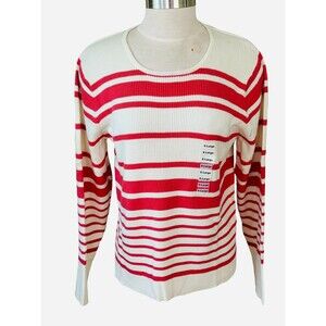 Charter Club Wm X-L Stripe Coral/Eggshell Cotton Long Sleeve Knit Pullover New